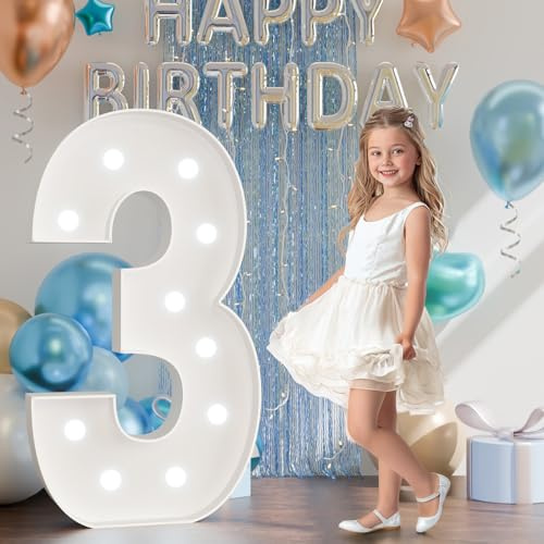 Rielmox Marquee Light Up Number 3, 4FT Large Birthday Decorations Party Decor White Anniversary Decoration w/White Lights for Boys Girls Teens Men Women