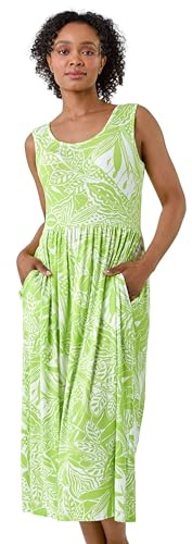 Roman Originals Midi Dress with Pockets for Women UK Ladies Stretchy Jersey Maxi Long Short Sleeve Elasticated Gathered High Waist Boho Flattering Skater Swing Fit Flare - Petite Lime - Size 10