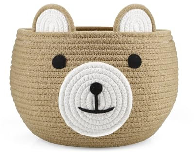 PandaEar Cesta de cuerda de algodón para bebé, cesta de regalo para bebé, organizador de lavandería con bonito diseño de oso para almacenamiento de artículos esenciales para recién nacidos