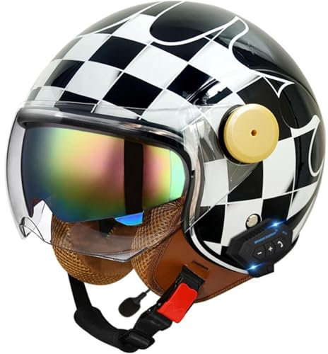 YQWDWD Motorradhelm, ECE/DOT-Zertifizierung Bluetooth Jethelm 3/4 Helm Herren Damen Motorrad Integrierter Bluetooth Helm Jet Scooter Helm Jethelm Mit Visier C3,M=57~58CM