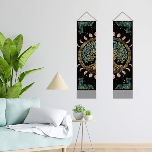 SUPERDANT Wandteppich Mit Lebensbaum Mondphasen Wand Teppich Wall Tapestry Cottagecore Dekor Wanddecke 2 Stück Wandtuch Langer Wandteppich Wandbehang Mit Quaste Für Wohnzimmer Schlafzimmer Dekor