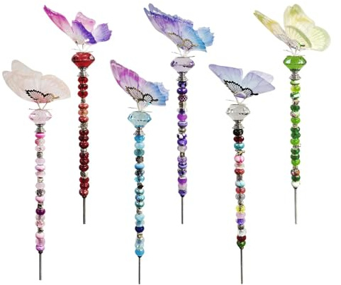 Perlen-Gartenstecker-Set – -, handgefertigtes Gartenpfahl-Set, Feengartenpfähle, 90 Lochperlen, 6 Gewindestangen, 6 Muttern, 6 Kristalle für Outdoor-Dekoration