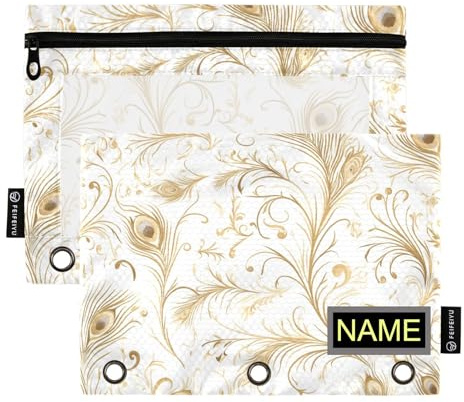 Peacock Dark Academia Federmäppchen mit Reißverschluss, Weiß und Gold, mit transparentem Fenster, personalisierbare Ringe, Federmäppchen, großes Fassungsvermögen, Federmäppchen, 3 Ringe, für Büro,
