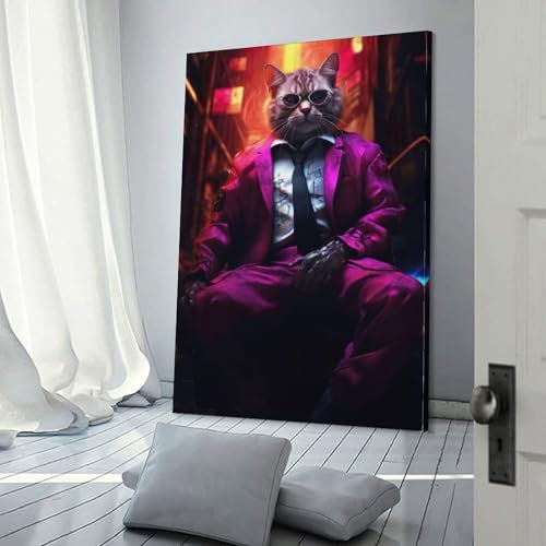 TBDUEPS Wandbilder mit Gangster-Katze, für Wohnzimmer, rustikales Bauernhaus, Badezimmer, Dekoration, Wandleinwand, 50 x 75 cm