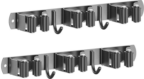Radikor Accroche Balai Mural, Porte Balais Mural avec 3 Supports et 2 Crochets, Support Balais Mural sans Percage, Range Attache Balai Mural avec Vis, Porte Outils de Jardin Mural, Noir (Pack de 2)