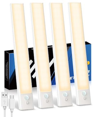 KALAHOL 4 Pack Under Cabinet Kitchen Lights, Motion Sensor Lights Indoor, Type-C, Charging Indicator, for Wardrobe, Under Counter, Cupboard, Stairs, Kitchen (20CM, Warm White)