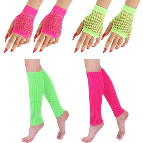 Guegine 2 Pairs of Leg Warmers 80s,Neon Leg Warmers, with 2 Pairs of Short Fishnet Gloves,Fashionable and Colorful,Suitable for Role-Playing,Parties,Christmas(Rose Red + Green)