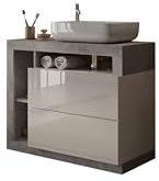 Robas Lund Hamburg Waschtisch, Modern, Badezimmer, 92x92x49 cm, Weiß Hochglanz/Betonoptik, Holzwerkstoff mit Keramik-Waschbecken, Bodenstehend