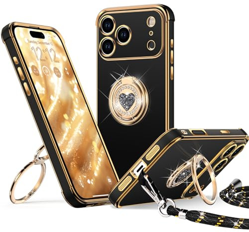 XYZ für iPhone 17 Pro Hülle mit Band, Schwarz | Herzen Doppelring Ständer HandyHülle, Frauen Mädchen Dünn Stoßfeste Case mit Handykette, Anti Kratzt SchutzHülle