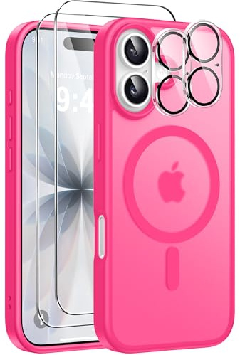 ivencase Magnetic for iPhone 17 Case with 2 Pack Screen Protector and 2 Pack Camera Lens Protector, Compatible with MagSafe, Shockproof Protective Translucent Matte Back Phone Case 6.3 Inch -Rose Red