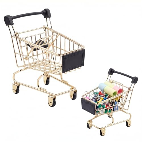 Milisten Mini-Einkaufswagen Metall in Gold - Dekorativer Schreibtisch-Organizer - Mini Trolley als Aufbewahrung für Stifte, Kosmetik und Büroklammern - Kreative Geschenkidee und Tisch-Deko
