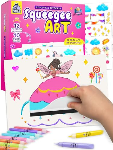 Squeegee Rainbow Squeeze Art Kit for Kids - Princess & Unicorn | Kids Stickers Included, Mess Free Paints, Girls Birthday Gifts Age 6-7 8 10, Develops Fine Motor Skills, STEAM Activity