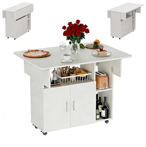 Ztexkee Mobile Folding Dining Table, Small Dining Table Drop Leaf Table with Cabinet and 2 Open Storage Shelves, Locking Wheels for Small Spaces, Apartment Kitchen Dining Room (White, 100x70x78cm)