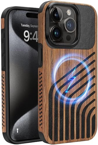 ZZDZZ Magnetisch Hülle für iPhone 15 Pro Hülle 6,1 (Holz und Leder) | ZZDZZ Hülle [Kompatibel mit MagSafe] Holz und Carbon Leder Design Handyhülle Stoßfest Schutzhülle