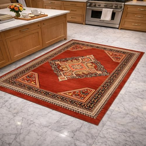 Teppich Quadratisch, Geometrisch, Rot, Beige, Gelb, Schwarz, Orange, 180 x 180 cm, Kurzflor Wohnzimmerteppich, Anti-Rutsch Unterseite, Waschbarer Schlafzimmerteppich,