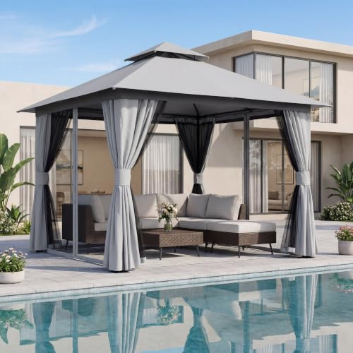 KamerOut Pavillon Semi-Permanente Outdoor-Pavillon 3x3 m, Robuster Partyzelt-Unterstand mit Doppeldach, Moskitonetzen und Sichtschutzwänden für Hinterhof, Garten, Grau (Grau, 304.8 cm × 304.8 cm)