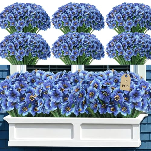 KALUZUZU 18 Bundles Artificial Flowers for garden,UV Resistant Fake Flowers,No Fade Silk Flowers with Decorative Faux Plastic Plants for Porch Window Box Hanging Baskets(Blue)