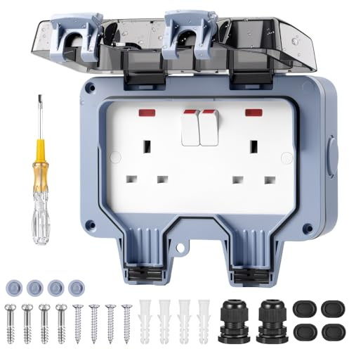 JIZZU Outdoor Weatherproof Wall Plug Socket Box, 13A Double Outdoor Socket | IP66 Waterproof Wall Electrical Outlet with Cover, 2 Gang Switched Power Socket Box for Garden & External Electrical Outlet