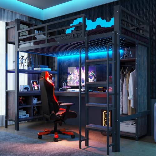 Idemon Cama alta con escritorio de 90 x 200 cm, armario, estantes, enchufes estándar europeos y barandilla de seguridad alta, estilo gaming, color negro