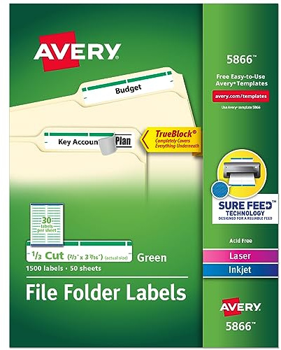Avery 5866 Ordner-Etiketten für Laser- und Tintenstrahldrucker mit TrueBlock-Technologie, 2/3 x 3-7/16 Zoll, 1500 Stück