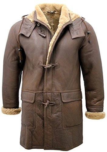 Infinity Men's Brown Sheepskin Leather Detachable Hood Duffle Coat M