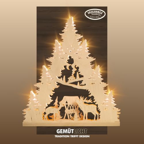weigla - Lichterspitze original Erzgebirge I Motiv Hirschfamilie I LED Lichterbogen Weihnachten I 7 Lampenkerzen + 1 Ersatzlampe I 7 x 34 V, 0,2 W, E10 I beleuchtete Weihnachtsdeko innen I aus Holz