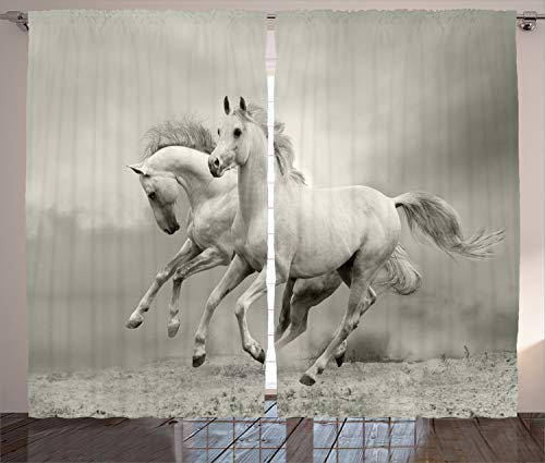 ABAKUHAUS Schwarz-Weiss Rustikaler Gardine, Pferd Freedom Theme, Schlafzimmer Kräuselband Vorhang mit Schlaufen und Haken, 280 x 225 cm, Grau Gelb