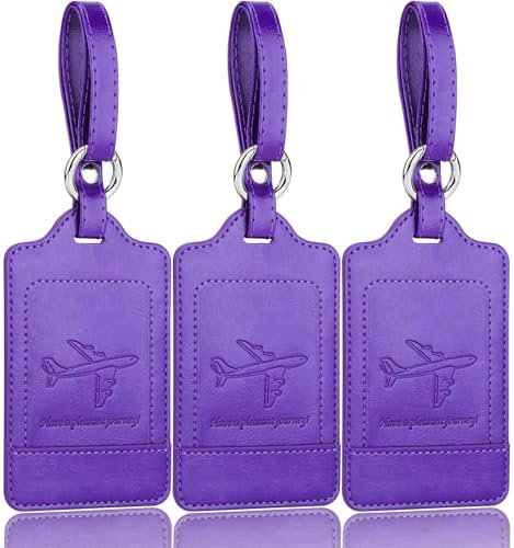 Teskyer 3 Pièces Etiquette Valise, Etiquette Bagage Valise, Voyage Avion, cuir PU, Durable, Esthétique, aide à l' Identification, Protection de la vie Privée, Violet