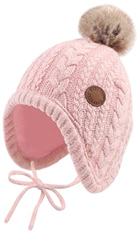 XIAOHAWANG Cappello Invernale per Neonati con Fodera in Velluto per Bambini Beanie per Bambini Earflap Caldi Cappelli per Bambino per Ragazze con Pompon (Rosa, 18-36 Mesi)