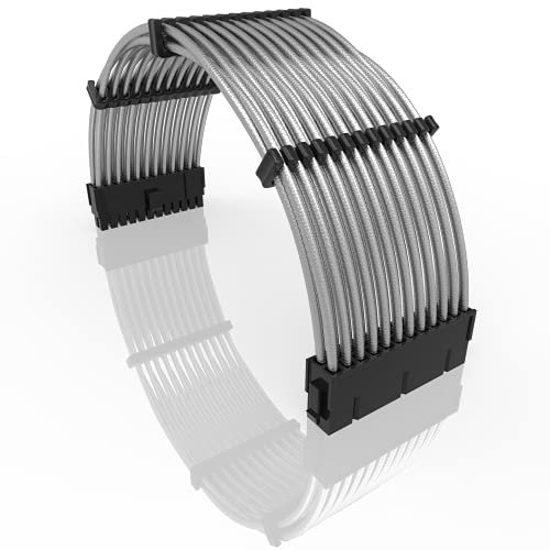 LINKUP - 30cm PSU PC Power Extension Cable Metallic Sleeved Silicone Coated Soft & Flexible to Route Custom Mod w/Comb | 1x 24P (20+4) Motherboard ATX | 300mm - Silver