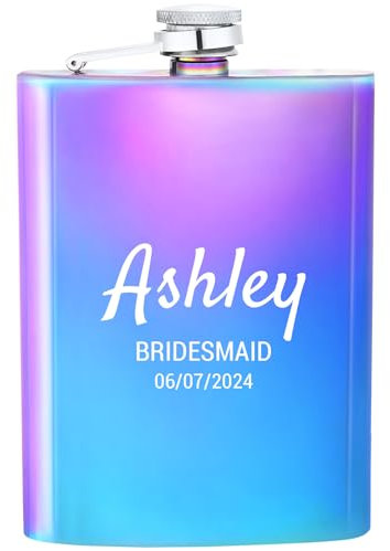 Personalised Hip Flasks for Women, Customisable Bridesmaid Gifts for Girls, 8oz Stainless Steel Engraved Flask for Wedding Gifts, Bachelorette Gifts, Valentine Gift, Birthday Gift (Multicolor)