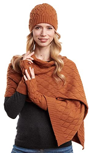 Hilltop Winterset Damen, Kombi Set aus Schal, Mütze und Handwärmer, 100% Angora, Winter Set:Apricot
