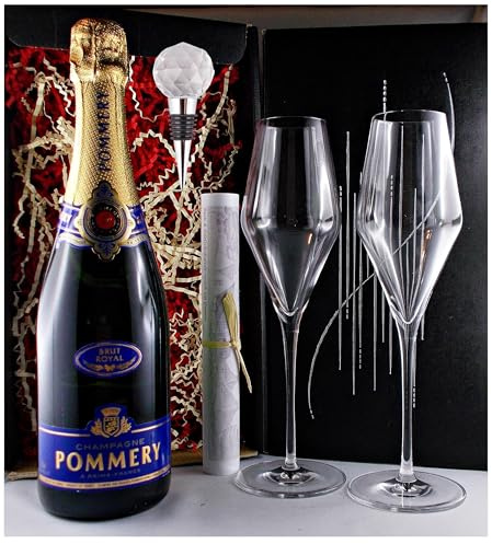 Pommery Brut Royal Champagner + Flaschenverschluß + 2 Champagergläser im Geschenk Karton Geschenkset Frauengeschenke Männergeschenke