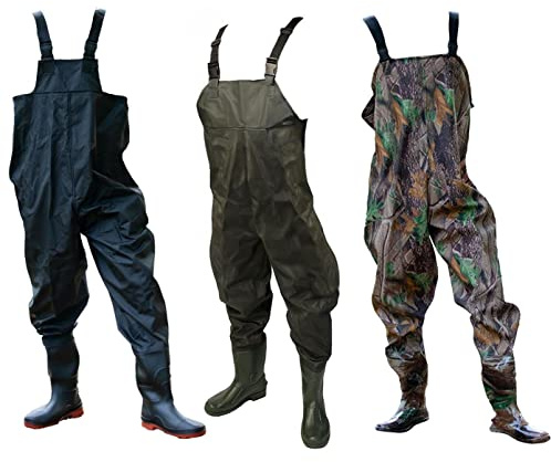 DNA Leisure New Green Camo or Black PVC Flood Fly Carp Coarse Fishing Working Chest Waders with Elastic Quick Release Buckle Straps and Anti-Slip Moulded Boots/Wellies EU 41 42 43 44 45 46 UK 7 8 9 10 11 12
