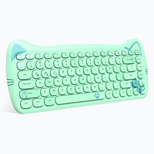 ZIYOU LANG 3060i Wireless Cute Computer Tastatur, Lovely Cat Retro Silent Slim Bluetooth Tastatur mit Retro Schreibmaschine Runde Matte Textur Keycap, Kompakte 84-Tasten, QWERTY für PC Laptop Mac-Grün