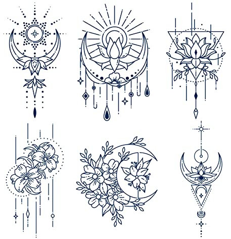 Blume Temporäre Tattoos für Frauen Körper Arm Beine Geometrisch, 15-20 Tage Haltbar Sexy Wasserdicht Skizzieren Tätowierung 6 Blätter (6 Blätter)