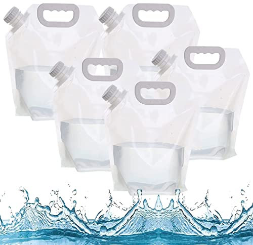 0℃ Outdoor Lot de 5 Bidons à Eau Pliables de 5L, Bidon d'eau Plat Pliable, Stable et Résistant au Frottement, Sac Deau Pliable Eau Réservoir Deau Pliable, Adapté au Camping et aux Voyages,Clear