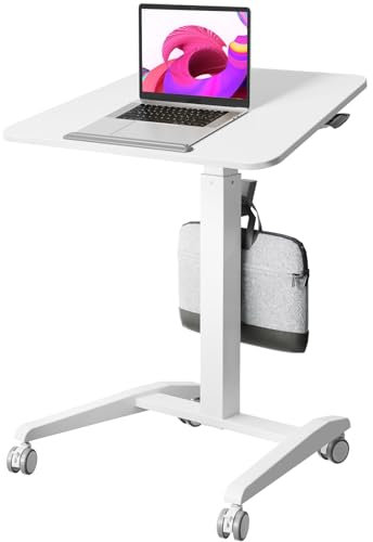 Joy Seeker Mobiler Stehpult, Pneumatisch Höhenverstellbar und Neigbar Laptop Tisch, 90° Neigbarer Rolling Laptop Schreibtisch, Mobile Workstation für Home Office, Weiß