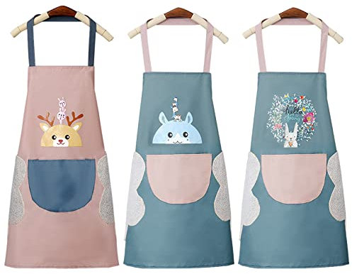 Forreen Delantal de Cocina Impermeable para Mujer, 3 Piezas Prueba de Aceite Moderno Dulce Cómodo, con Paño Limpiable para Barbacoa, Cafetería y Restaurantes