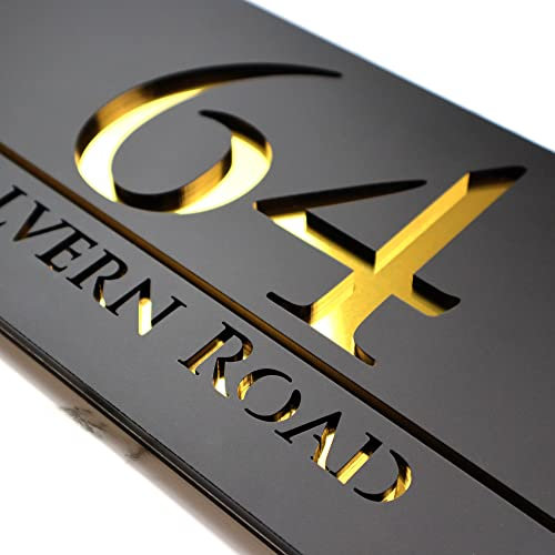 K Smart Sign | Bellissima H3 F32 | Matt Black | 300mm x 160mm | 3d Laser Cut Contemporary house sign door number plaques address signs mirror finishes (Matt Black & Gold Mirror)