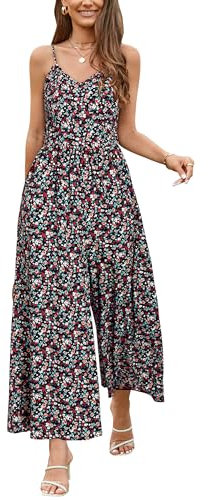 LAISHEN Jumpsuit Damen Sommer Overall Elegant Festlich Hochzeit Lang Hosenanzug Weites Bein Hose Playsuit mit Taschen (Floral 01, M)