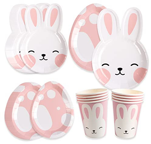 Vaisselle pour Fête de Pâques, 24Pcs Set de vaisselle pour fête de lapin de Pâques, Gobelets en Papier pour Fête d'anniversaire d'enfants, pour Décoration de Fête de Pâques, (Rose)