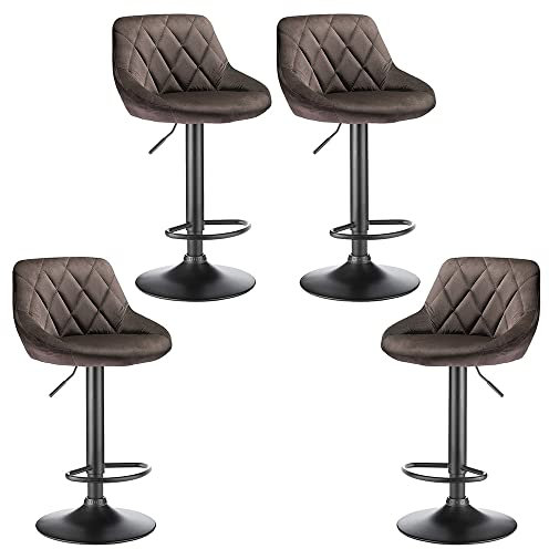Drumm Lot de 4 Tabourets de Bar,Chaises Cuisine avec Pied Chromé,Vintage Chaises de Bar Industriel en Velours,Pivotant à 360°,Repose-Pieds et Dossier(Brun-4)
