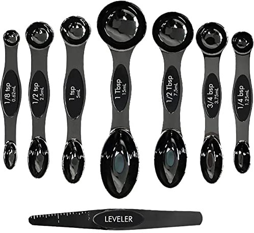Magnetic Measuring Spoons Set of 8 | Stainless Steel Dual Sided Measure Kitchen Teaspoons and Tablespoon with Leveller | Weighing Dry and Liquid Ingredients for Cooking, Baking (Black)