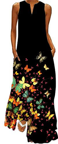 WINKEEY Femme Maxi Robe Longue Imprimé Papillon Robe d'Été Floral Grandes Tailles Boheme sans Manche avec Poches, Petits Papillons XL