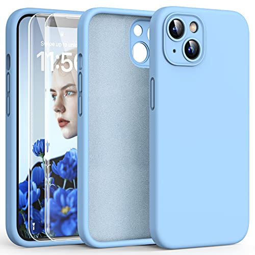 HATOSHI 3 in 1 for iPhone 13 Case, with 2 Pack HD Screen Protector, [Upgraded Full Camera Protection] Liquid Silicone Silky-Soft Touch Slim Shockproof [Anti-Scratch] [Multi-Color] 6.1, Sierra Blue