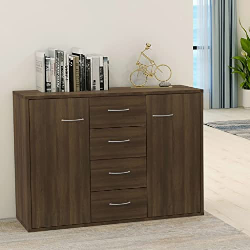 FIRBNUS 88x30x65 cm Beistellschrank mit 4 Schubladen und 2 Türen Schubladenschrank Lowboard Lagerschrank Kommode Braun Eichen Sideboard Wohnzimmer TV Schrank Aufbewahrungskommode Holzwerkstoff