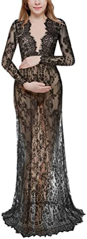ORANDESIGNE Robe Maxi Femme Enceinte Bikini Cover UpDentelle Col-V Manche Longue Photographie Robe Longue Mère Enceinte A Noir S