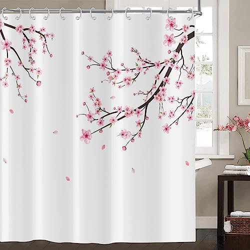 Hnmdmyi Cortina de Baño Flor de Cerezo 180x180, Flores Rosa Estilo Japonés Asiático Sakura Art, Tejido Poliéster Impermeable Lavable con Ganchos
