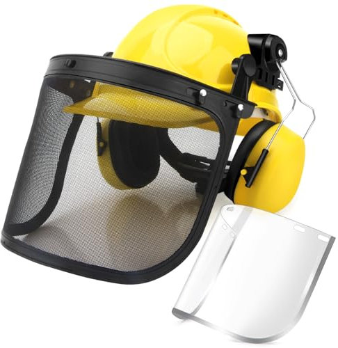 Casque de sécurité forêt forestière Industrielle,Casque de sécurité à tronçonneuse avec Protections Auditives et Cache-Oreilles Amovibles et Visières, Suspension à cliquet à 6 Points - Jaune